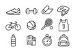 © Igor - Outline icons of sports equipment including bike, ball, tennis, and fitness gear