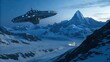 © Benxiumo - A colossal metal alien spaceship flies over a vast snowy mountain landscape with a remote illuminated settlement