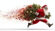 © Natalia S. - Santa runs carrying christmas tree exploding into red and gold ornaments. Concept of festive motion, winter tradition, and holiday delivery energy