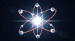 © abu - Abstract glowing atom model features spheres connected by rings, set against a dark blue background. The design evokes themes of science, energy, and futuristic technology.