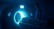 © abu - A patient undergoes a CT scan in a dimly lit diagnostic imaging room. The scene is bathed in blue light, highlighting the scanner and medical staff.