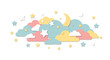 © keomorph - Pastel clouds, moon, and stars illustration in a whimsical, dreamy style.