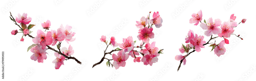 Watercolor set of sakura branches. Branch of sakura tree with pink ...