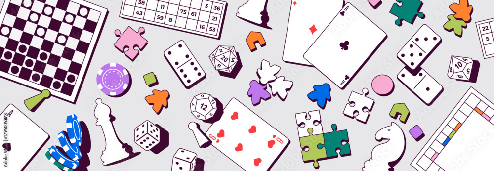 Vector illustration with various board games and playing elements ...