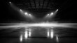 © Adam - A dramatic, empty ice rink illuminated by spotlights, casting a moody ambiance with a foggy haze