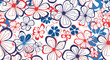 © Alton - Seamless pattern of retro-style floral design with stylized red and blue flowers and outlines on a white background for textiles, fabric, and decor.
