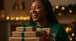 © Cintia - A joyful black woman laughs while holding a stack of christmas presents, adorned with festive lights