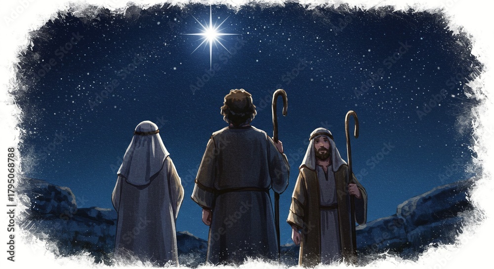 Three wise men follow the star of bethlehem on a clear night sky Stock ...