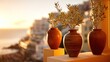 © Sylvia - Mediterranean villa balcony with terracotta pots and olive oil at sunset, coastal view in warm light. inspiring travel planning.