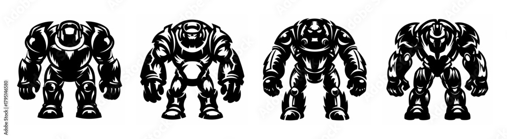 Four imposing mecha robots in a row showing a front view of their ...