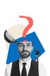 © Lustre Art Group  - Surreal collage of a man with a bold question mark above his head and a tiny figure observing. Concept of doubt, decision-making, inner conflict, strategic thinking, and mental tension.