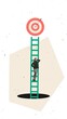 © Lustre Art Group  - Conceptual poster showing a woman climbing a tall ladder toward a bullseye hanging above a dark pit. Concept of ambition, career risk, and goal-oriented decision-making.