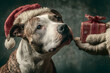 © john - American staffordshire terrier dog with a christmas hat taking a present from Santa's hand