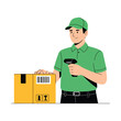 © Fly - Delivery man scanning barcode on box isolated on