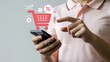 © MDRasadul - Person using smartphone with shopping cart and discount icons for online shopping e-commerce sale