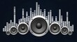 © elvioktavia - Graphic illustration of speakers of varying sizes arranged in a row with equalizer bars above, set against a dark blue background.