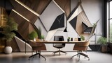 modern office design with sculptural furniture and geometric wall art