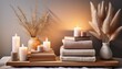 © Richard - cozy minimalist living room interior serene home decor with soft textiles illuminating candles and stacked books on a rustic shelf perfect for relaxation