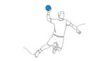 Male handball player jumping with blue ball, depicted in continuous single line art.