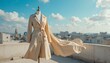 © Pungkas - elegant beige trench coat displayed on mannequin with cityscape background and flowing fabric in