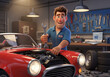 © Yohnsons - Cheerful Cartoon Mechanic Man Holding a Wrench While Working on a Classic Red Car in a Garage