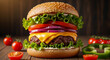 © GfxAkash - Juicy gourmet cheeseburger with fresh lettuce tomato onion and melted cheese on a wooden table