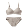 © Ziku - Comfortable women's beige lingerie set with seamless wireless bra and matching brief panties isolated on white background for fashion retail catalog innerwear shop and female wellness concept