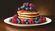 © Viktoriia Kan - Fluffy pancakes drizzled with golden syrup and topped with fresh berries create a comforting scene in an elegant setting