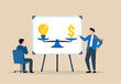 © Premium Shop - Flat illustration of confident businessman balancing lightbulb and dollar symbol on scale during sales pitch to client
