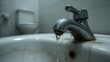 © Sona - Close-up of a faucet with water dripping, attached to a bathroom sink with a blurred background of a toilet.