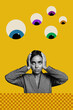 © deagreez - Zine artwork vertical photo collage of shocked scared girl stand eyeball stare freemason esoteric concept third eyesight