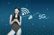 © deagreez - Creative poster banner 3d collage photo of happy girl freelancer hold laptop wifi icon fast speed connection globe logo 5g