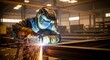 © Olga Ко - Soldador con casco protector cortando acero con chispas en taller industrial