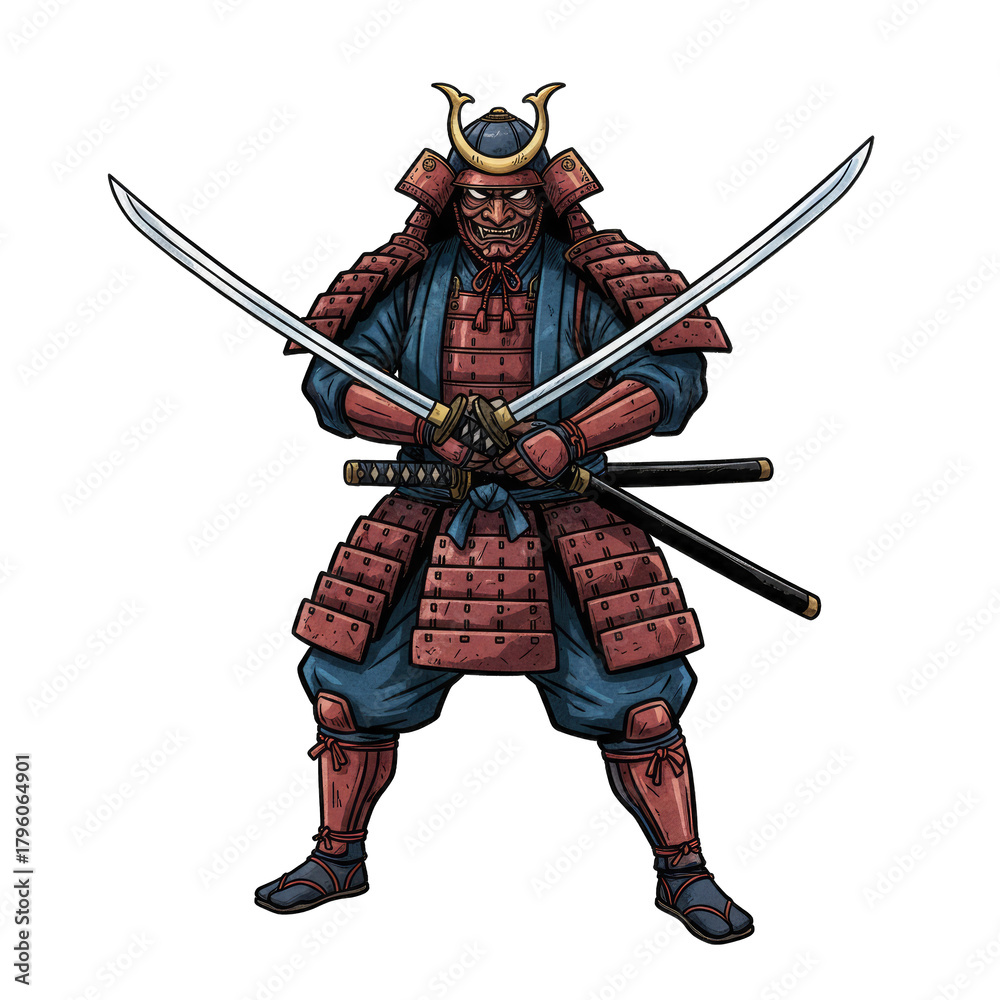 Pixel Art Samurai Warrior in Traditional Red and Blue Armor Holding ...