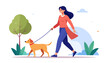 © Penguin Daily - Happy woman enjoys a walk with her pet dog in a park on a sunny day with leash