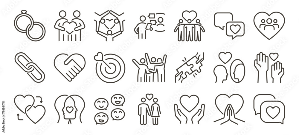Relationships and emotional connection icons set. Love, empathy ...