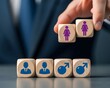 © Samoresh - Businessman integrates female employees into male team staff. Gender equality. Creation gender balance in the company to improve work efficiency. Unified career potential  and diversity in business.