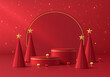 © JE48 - Red 3D cylindrical podium merry Christmas background with Christmas tree, Glow glitter scene. Minimalist platforms mockup pedestal design. Abstract stands product display presentation. Stage showcase.