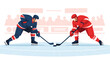 © Roman Stock studio - Ice hockey players in blue and red uniforms facing off on rink