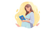 © Afsana - Expecting mother joyfully reading a book with a heart on the cover, preparing for her baby with love and excitement in a peaceful setting