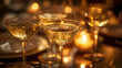 © 3D Demo Stock - Champagne glasses reflecting candlelight, golden warmth and refined elegance
