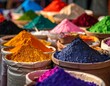 © Kembar - Colorful pigment powders in sacks at a marketplace, arranged in various hues