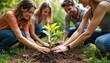 © Vadym - Diverse group of happy people plant small tree together in sunny garden. Friends collaborate caring for new life, nurture earth, promote eco friendly growth for future.