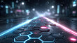 © สมเจตน์ หนูแก้ว - Futuristic neon holographic sidewalk interface with glowing hexagon tiles and blue and pink light trails, rainy reflective urban street with bokeh lights and atmospheric particles