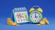 © Lang - 3d icon of a calendar and an alarm clock with gold coins in a cartoon . the concept of business planning and timely payment. illustration isolated on blue background. 3d rendering 54514337 1
