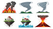 © Liakot - Cartoon illustration depicting various natural disasters including wildfires, tornadoes, land erosion, tsunamis, and a volcanic eruption.