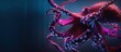 © Sergey - high tech scene, vibrant octopus illuminated by neon cyan and magenta biolights, macro shot revealing complex suction textures, floating in front