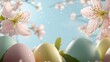 © Somphong - Soft-focus spring garden view with floral blooms surrounding pastel eggs under daylight tone