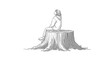 © Simson - Pensive solitary girl sitting on old tree stump looking up into the sky in monochrome drawing
