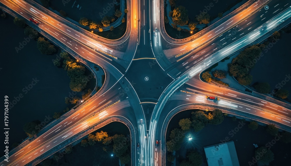 Aerial view of complex highway interchange at night with car light ...